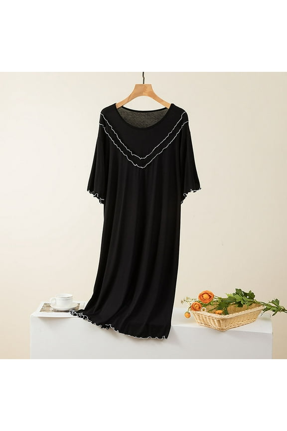 Cotton Nightgowns Moo Moos for Women Nightgown Sleepshirts Moomoo Nightgowns Sleepshirts Crew Neck Elbow-Length Below-the-Knee Black Lace Nightgown,L