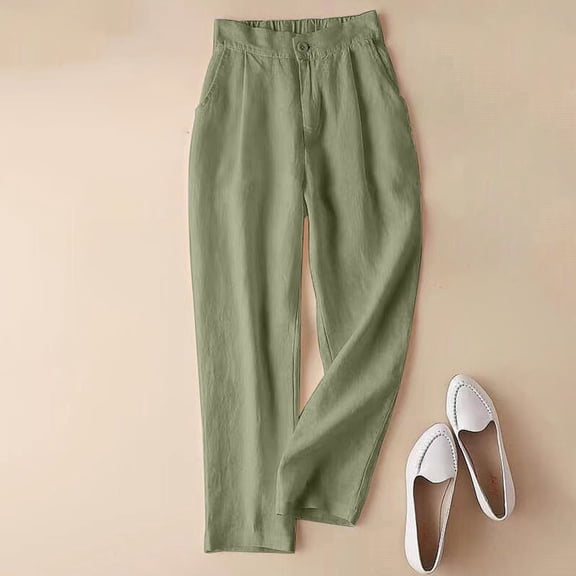 Blmnix Cotton Pants High Waisted Pants for Women Plus Size Pleated Jeans Cropped High Green Relaxed Fit Straight-Leg Heated Pants for Women,M