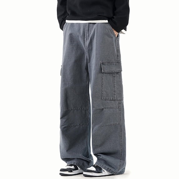 Blmnix Cotton Pants Trousers for Men Work Pants Low Rise Cargo Baggy Jeans Long Gray Wide-Leg Summer Pants for Men,L