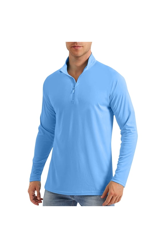 Cotton Shirts Men's T-Shirts Pullover Workout Shirts Tshirt Zip Mock Neck Long Sleeve Blue Mens Shirts Casual,M