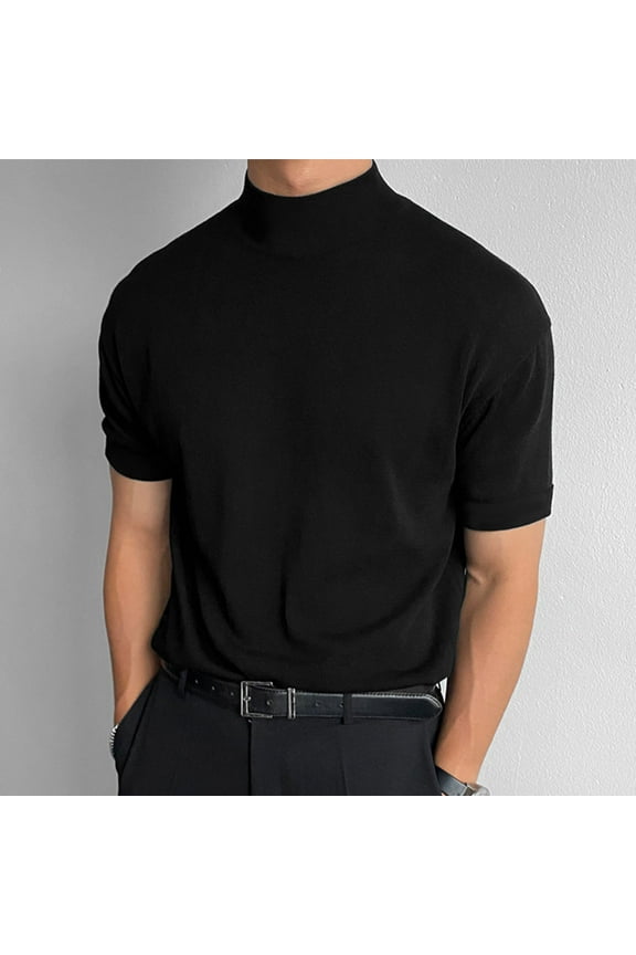 Cotton Shirts Tshirt for Men Big And Tall Pullover Undershirts Black Short Sleeve Mock Neck Polo T Shirts for Men,S