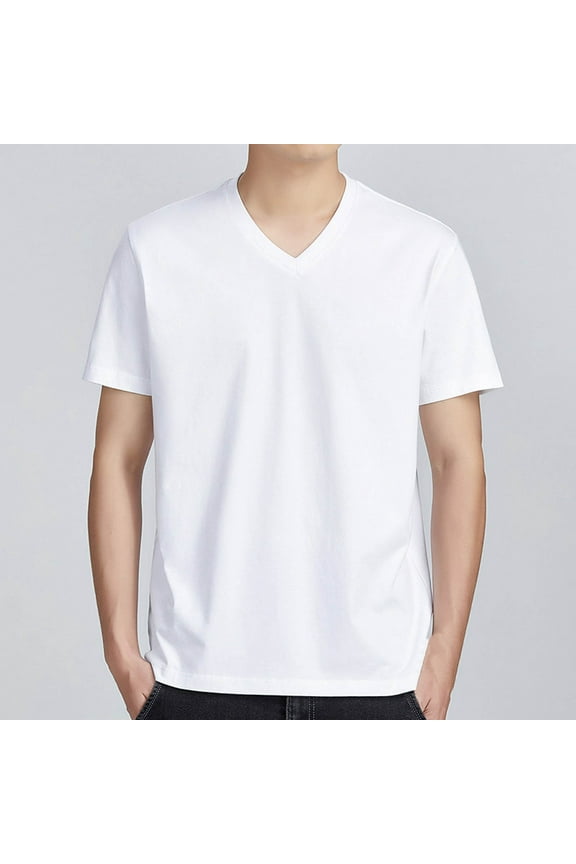 Cotton T Shirts T shirts for Men Big And Tall Pullover Shirts White V-Neck Short Sleeve Men's Tops,L