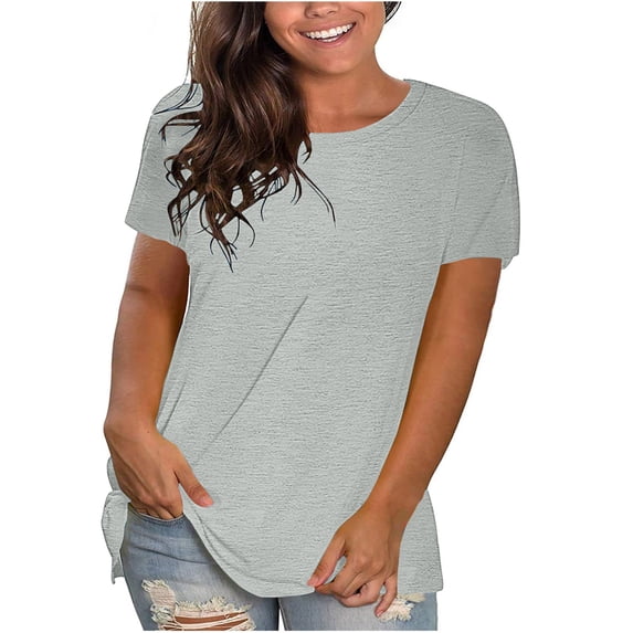 Blmnix Cotton Tshirts Womens Shirts Oversized Pullover Blouses Short Sleeve Gray Crew Neck Hawaiian Shirts for Women,L