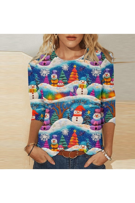 Crew Neck Fall Blouse Christmas 3/4 Sleeve Business Casual Tops for Women Fall Clothes