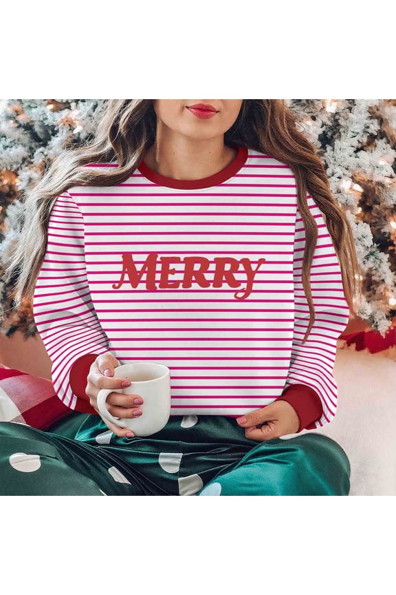 Crew Neck Hoodies for Women Trendy Christmas Long Sleeve Hot Pink Womens Plus Size Blouses Striped Sweatshirt Clothes