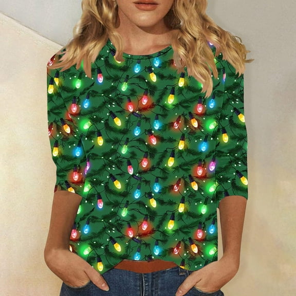 Blmnix Crew Neck Women's Tops Green Christmas 3/4 Sleeve Basic Fall Shirts for Women