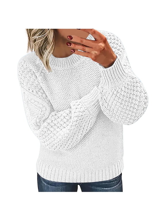 Crew Neck Womens Fall Sweaters Long Sleeve White Plain Women Blouse Chunky Pullover Clothing