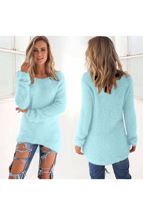 Crew Neck Work Blouses Long Sleeve Thermal Sky Blue Y2K Tops Clothing