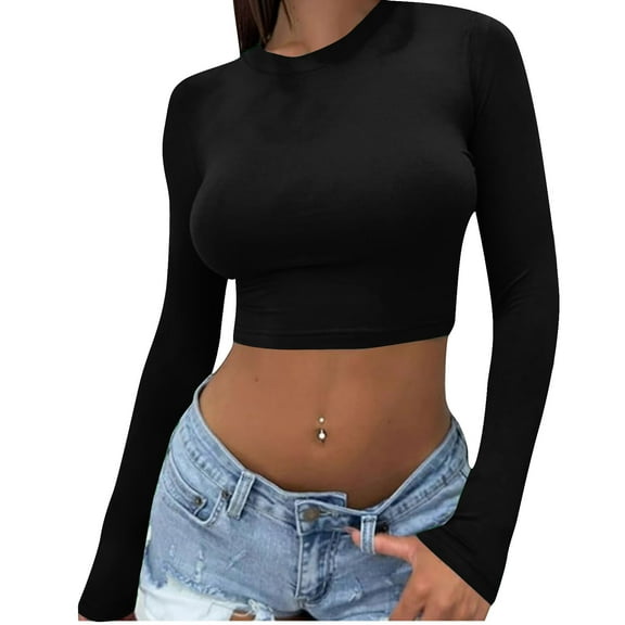 Blmnix Crop Basic Shirts Women Plain Black Workout Shirts for Women Loose Fit Crew Neck Long Sleeve Athleisure Tees