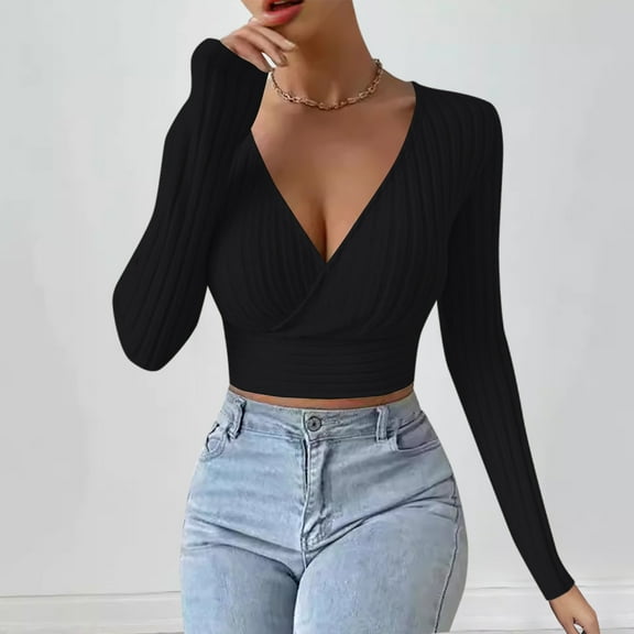 Blmnix Crop Women Work Tops Black V-Neck Blouses for Women Casual Fall Long Sleeve Textured Tops