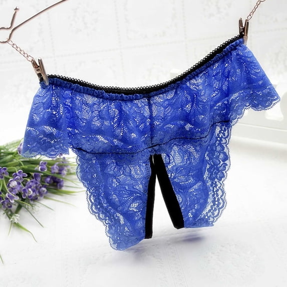 Blmnix Crotchless Panties Underwear for Women Thong Sexy Thongs Panties Skinny Pull-On Ventilated Blue Lace Plus Size Underwear,M