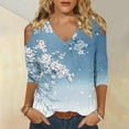 thumbnail image 1 of Blmnix Cut Out Loose Tops for Women Flower Blue V-Neck Tops Pullover 3/4 Sleeve Dressy Shirts for Women, 1 of 5