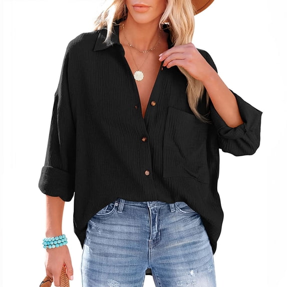 Blmnix Cute Going Out Tops Baggy Roll Up Womens Fall Tops Long Sleeve V-Neck Blouses