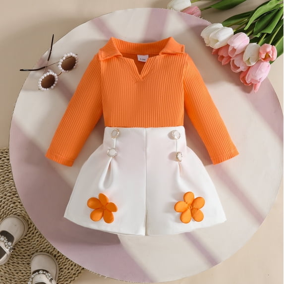 Blmnix Cute Outfits 2 Piece Outfits Sweater Fall Outfits Pleated Outfits Collared Long Sleeve Orange Toddler Outfit 12-18 Month