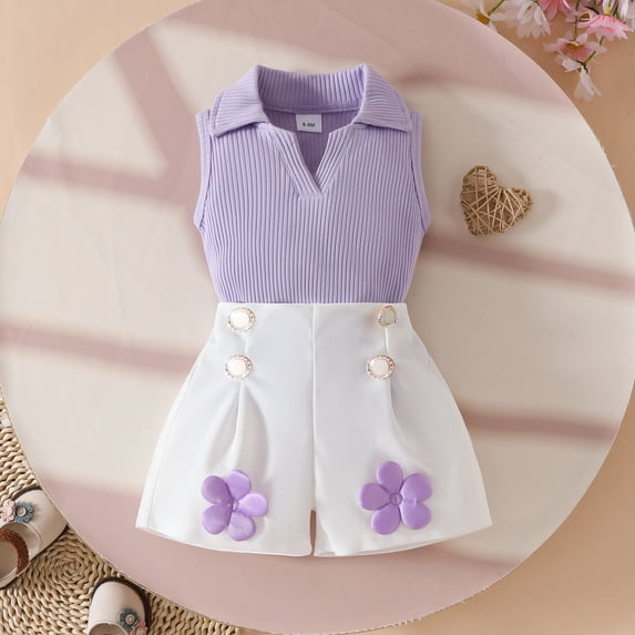 Blmnix Cute Outfits Clothing Sets Birthday Outfits Cocoon Sweater Set Pleated Purple Sleeveless Collared Toddler Outfits,6-9 Month