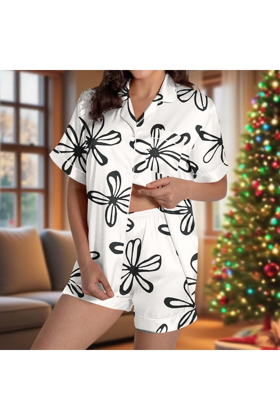 Cute Pajama Pajamas for Women Silk Pajamas Sleepwear Sets Pajamas Collared White Short Sleeve Short Wide-Leg Womens Sleepwear,XL