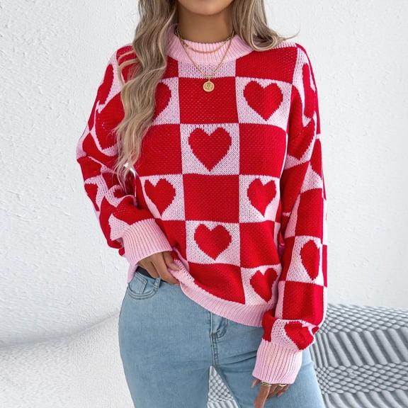 Blmnix Cute Sweaters Red Oversized Sweater Cute Long Sleeve Crew Neck Trendy Sweaters