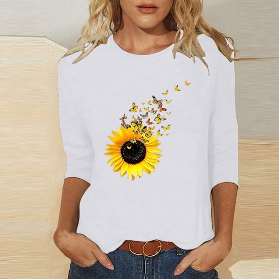 Blmnix Outfits Work Blouses for Women 3/4 Sleeve Printed Crew Neck White Teacher Shirts Stretchy Tops