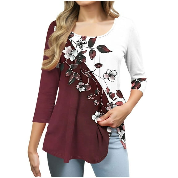 Blmnix Cute Work Tops for Women Tunics Workwear Ladies Fall Tops Crew Neck 3/4 Sleeve Wine Tops