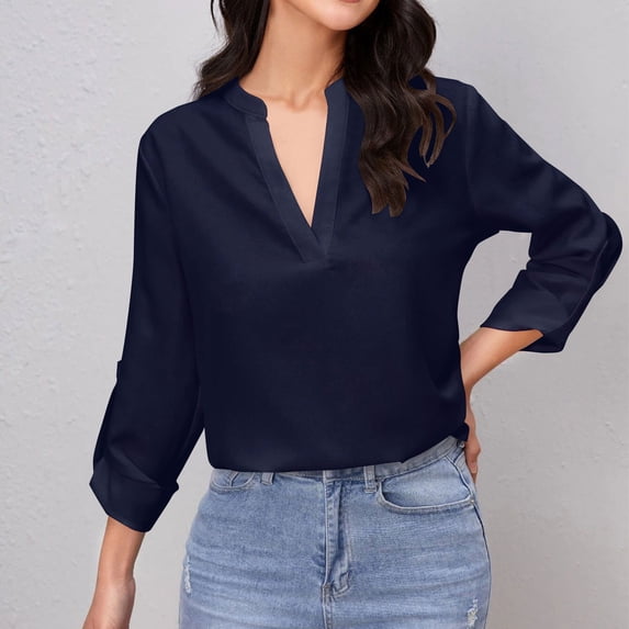 Blmnix Dark Blue Fall Blouses Buttery Soft V-Neck Flowy Boho Tops for Women Long Sleeve Workwear Tops