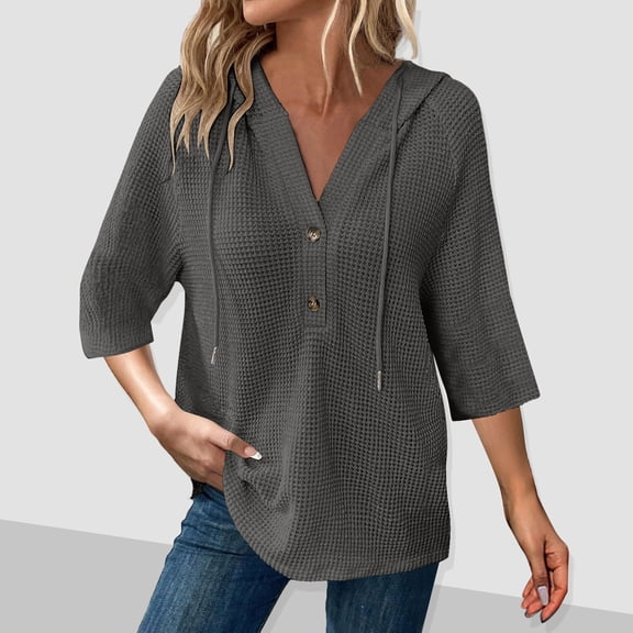 Blmnix Dark Gray Women's T Shirts Pullover Waffle Knit Festival Tops Women 3/4 Sleeve Hooded Blouses