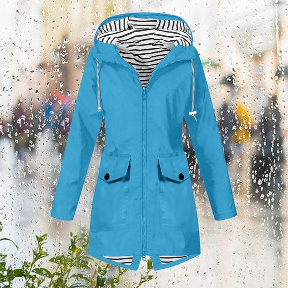 Blmnix Drawstring Jacket Women Workout Windbreaker Waterproof Hiking Jacket Women Rain Jackets Blue with Hood Long Sleeve Winter Coat