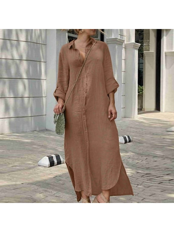Dress Women Button Down Linen Dress Shift Under Dresses Collared Long Sleeve Maxi Plus Size Summer Dresses,L