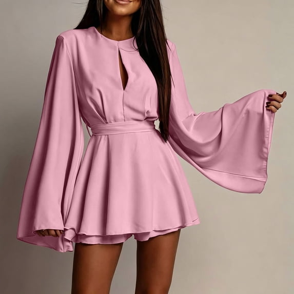 Blmnix Dress Women Short Dress Petite A Line Dresses Peplum Petticoat Mini Crew Neck Pink Long Sleeve Adjustable Waist Casual Dresses L