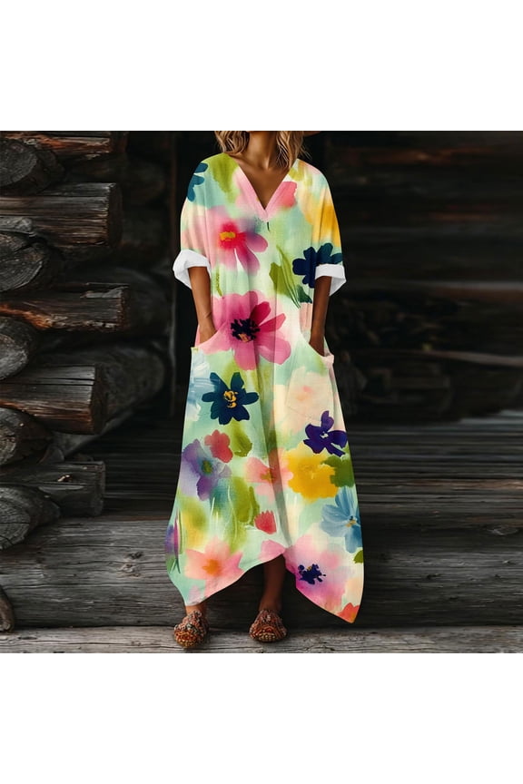 Dress Women Tshirt Dress Mumu Dresses Popover Dresses Short Sleeve Tea-Length V-Neck with Pockets Casual Summer Dresses for Women,L