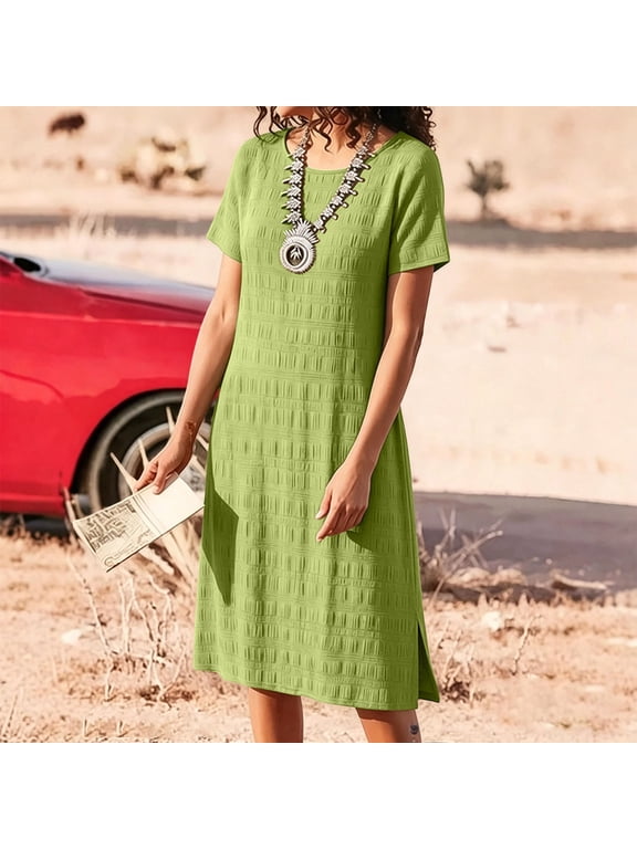 Dress for Women Vacation Dress Tshirt Dress Shift Dress Short Sleeve Midi Dresses Green Crew Neck Antimicrobial Protection Womens Dresses Casual,L