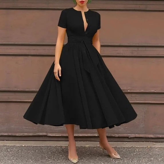 Blmnix Dress for Women Button Down Elegant Dresses Fit & Flare Dress Cocktail-Length Short Sleeve Henley Belted Womens Summer Dresses Casual,L