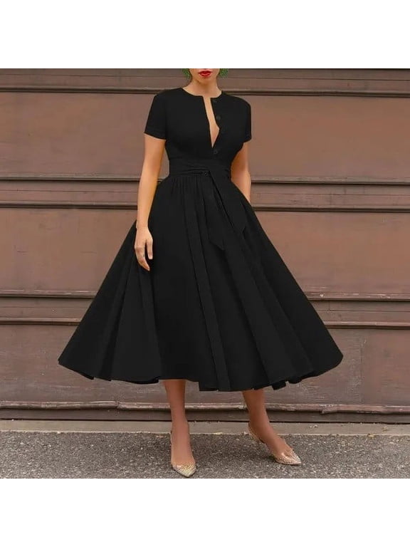 Dress for Women Button Down Elegant Dresses Fit & Flare Dress Cocktail-Length Short Sleeve Henley Belted Womens Summer Dresses Casual,L