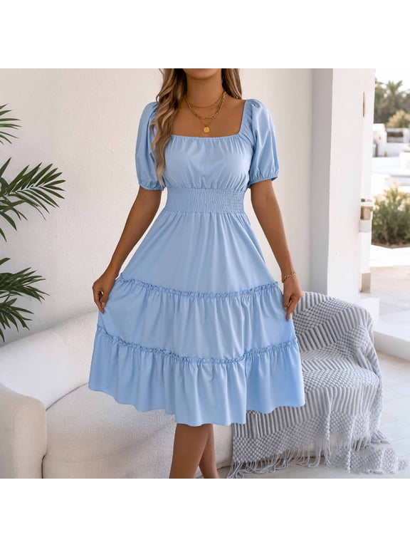 Dress for Women Fit & Flare Elegant Dresses Petite Dresses Dress Square Neckline Short Sleeve Mid-Length Womens Casual Dress,XL