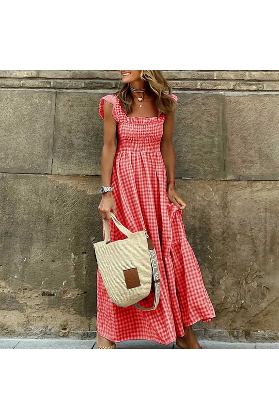 Dress for Women Hawaiian Dresses Gingham Dress Tent Under Dress Maxi Square Neckline Sleeveless Sundresses for Women,L