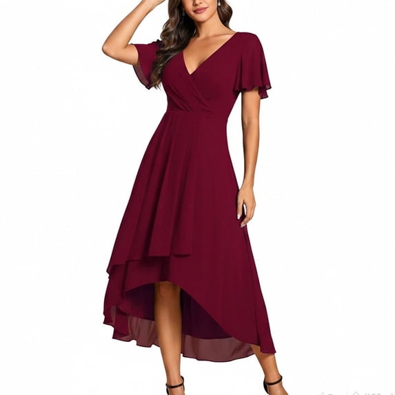 Blmnix Dress for Women High-Low Semi Formal Midi Dresses Under Dresses V-Neck Cocktail-Length Red Short Sleeve Casual Summer Dresses for Women,S