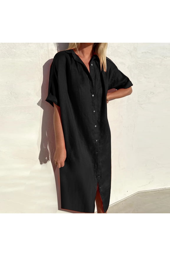 Dress for Women Linen Dress Shift Button Down Under Dresses Midi Dresses Collared Short Sleeve Womens Dresses Spring,L