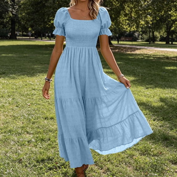 Blmnix Dresses for Women 2026 Hawaiian Dresses Fit & Flare Flowy A Line Petticoat Blue Square Neckline Short Sleeve Maxi Casual Dresses XXL