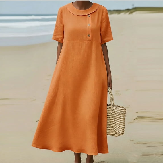 Blmnix Dresses for Women Beach Dress Button Down Popover Dress Tea-Length Crew Neck Short Sleeve Womens Summer Dresses Casual,M