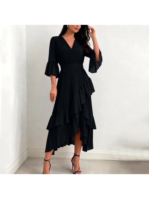 Dresses for Women Formal Wedding Guest Dress Cocktail Dresses Peplum Flowy Dresses Black 3/4 Sleeve V-Neck Mid-Length Women Dresses Summer XL
