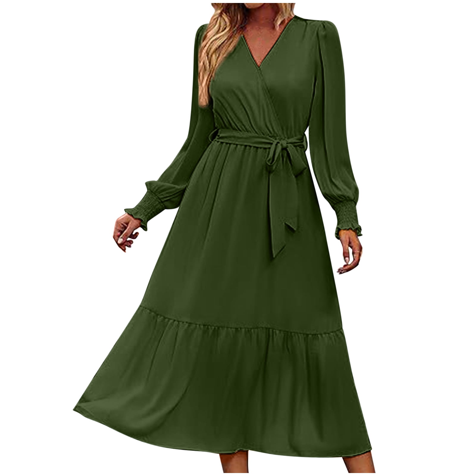 Blmnix Dresses for Women Green Long Modest Plus Size Tiered Long Sleeve  Wrap Womans Dresses Party - Walmart Business Supplies