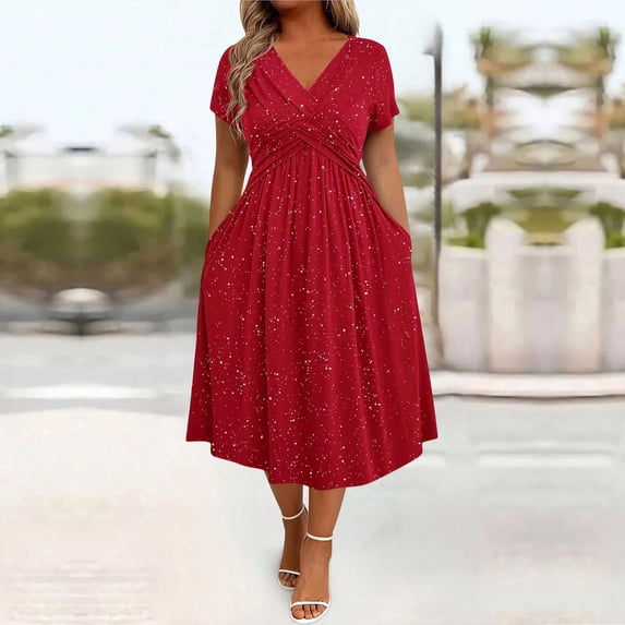 Blmnix Dresses for Women Sparkly Tent Plus Size Under Dress Red V-Neck Short Sleeve Winter Dress,XXXXXL