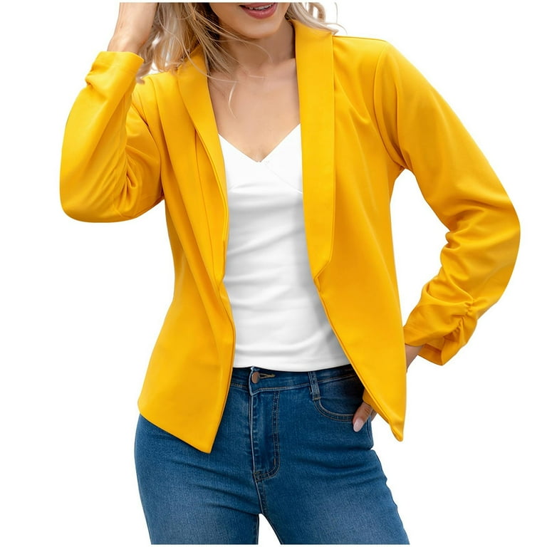 Blmnix Dressy Jackets for Women Blazer Yellow Oversized Short Solid Long Sleeve Open Front Teens Jackets Fall Girl s Size 4 6 8 10 12 14 16 18 20