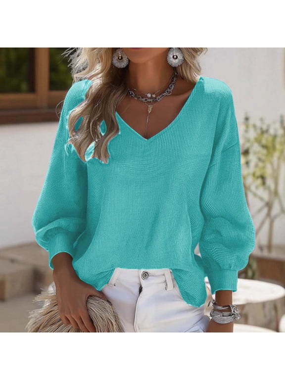 Dressy Tops V-Neck Blue Plain Long Sleeve Fall Trendy Tops