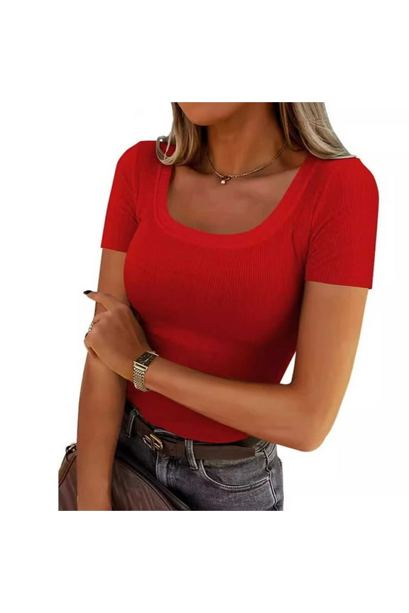 Dressy Tops for Women Red Solid Scoop Neck Ribbed Short Sleeve Loose Fitting Tops