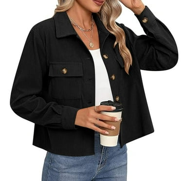 Blmnix Dressy Womans Jackets Black Corduroy Solid Sherpa Cropped Long Sleeve Bomber Jackets for Girl Comfy