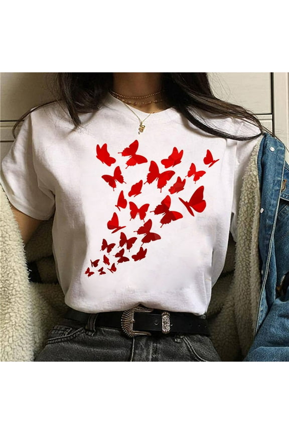 Blmnix Dressy Womens Tees Cute White Short Sleeve Loose Crew Neck Butterfly Shirt Pullover Tees for Girl Going Out