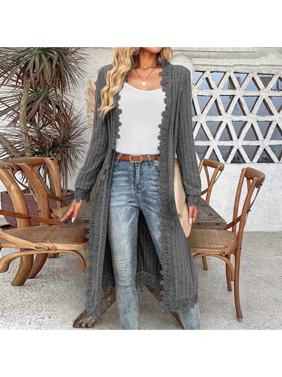 Duster Womens Jacket Clothing Lace Dark Gray Open Front Tops for Women Trendy Long Long Sleeve Tops