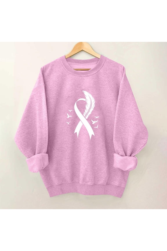 Early Fall Party Tops for Women Pink Breast Cancer Awareness Teacher Blouses Long Sleeve Crew Neck Athleisure Tops