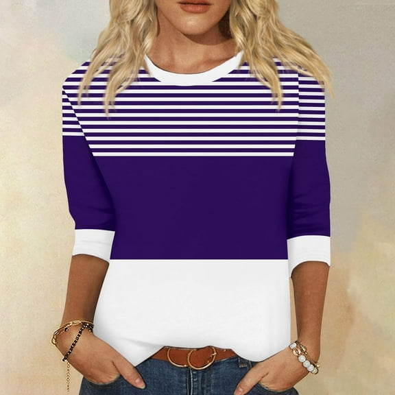 Blmnix Early Fall Women T Shirts Purple Floral Loungewear Vintage Shirts Crew Neck 3/4 Sleeve Tees