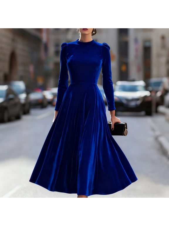 Elegant Dresses Dresses for Women A Line Dresses Fit & Flare Under Dress Cocktail-Length Crew Neck Blue Long Sleeve Adjustable Waist Summer Dresses,XL